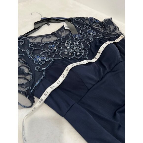 New Xscape Size 18 Beaded Short Sleeve Chiffon Sheath Dress Navy *Thread Pulls* - Picture 7 of 16